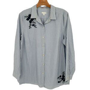 J Jill Womens Blue Striped Embroidered Button Front Long Sleeve Shirt Size Large
